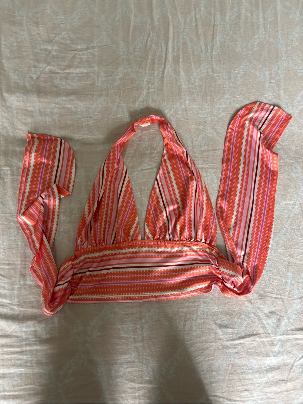 Striped Halter Bikini Top in Coral and White